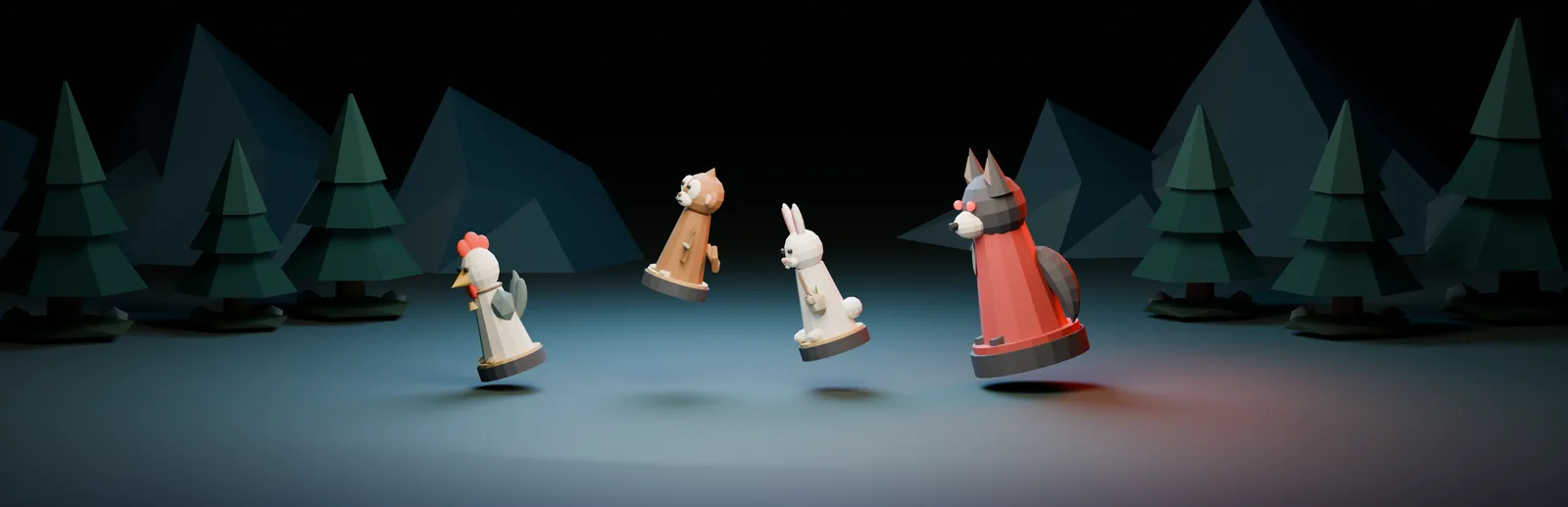 森林中的鸡、猫、兔与狼棋子